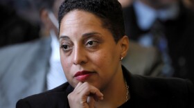 St. Louis Circuit Attorney Kimberly M. Gardner sits behind her attorneys in a St. Louis courtroom on Tuesday, April 18, 2023 in the first hearing of a lawsuit by Missouri Attorney General Andrew Bailey seeking to remove Gardner from office.