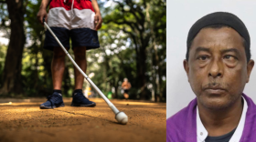 A stock image of a white walking cane and a photo of Nurul Amin Shah Alam