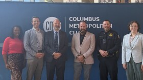 Columbus Metropolitan Club panel on Flock cameras. (From left to right) Columbus Metropolitan Club President and CEO Sophia Fifner; Flock Safety Senior Director of Public Affairs Trevor Chandler; ACLU of Ohio Legislative Director Gary Daniels; Columbus City Council Member Emmanual Remy; Columbus Division of Police Assistant Chief Nick Konves; and Columbus Dispatch reporter Anna Lynn Winfrey