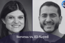 Greyed out photos of U.S. Representative Haley Stevens and Physician Abdul El-Sayed are in the background. In the foreground is a opaque, purple, half-circle with the words "Stevens vs. El-Sayed." The It's Just Politics logo is in the top right corner.