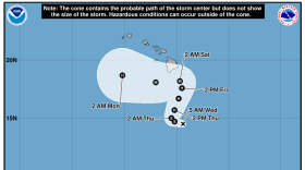 The five-day forecast for Tropical Depression 15-E as of Wednesday, Sept. 23, 2026 shows the storm system heading north towards the Hawaiian Islands.