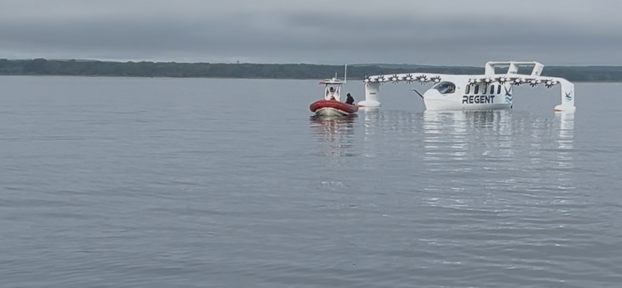 The Viceroy, a prototype electric seaglider, can carry 12 passengers 180 miles at a speed of 180 mph, according to manufacturer Regent Craft in North Kingstown, Rhode Island. Credit: David Wright/Ocean State Media