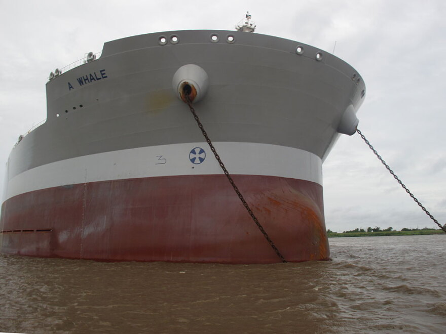 The oil skimmer was anchored in the Mississippi, but it moved into the Gulf Friday morning with clearance from the Coast Guard for its first trial run.