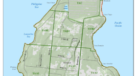 A map of Tinian showing the Military Lease Area Range Complex and Proposed Training Areas, including designated zones. The map outlines existing access roads, the USAF divert airfield, and the Francisco Manglona Benavente Tinian International Airport, illustrating how military training areas are distributed across the island.
