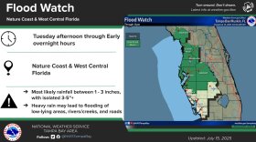 A map of florida showing the tampa bay area in a flood watch 