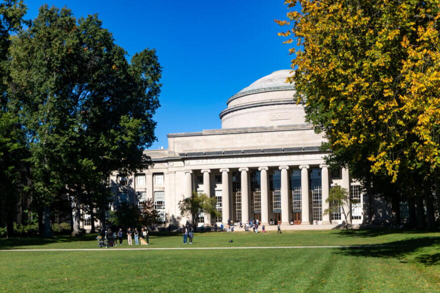 Students and visitors in Killian Court at the Massachusetts Institute of Technology. (Jesse Costa/WBUR)