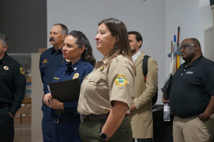 Oregon State Fire Marshal Mariana Ruiz-Temple (left) and Kacey KC, the new director of the Oregon Department of Forestry (center), at a briefing on the wildfire season at the Office of the State Fire Marshal in Salem on May 5, 2026.
