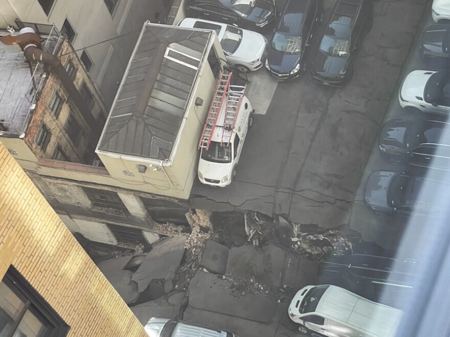 This photo provided by Charlie Franklin shows a partially collapsed parking garage in lower Manhattan's Financial District on Tuesday, April 18, 2023, in New York City.