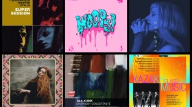 Album covers for six of the tracks included in this month's playlist, arranged in a 3x2 grid on a black background.