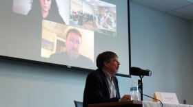 Michael Jones, Louie Flora and Crystal Schwartz participate in a candidate forum for the Homer Electric Association Board of Directors hosted by KDLL 91.9 FM, KBBI AM 890 and the Peninsula Clarion at the Soldotna Public Library on Monday, March 18, 2024.