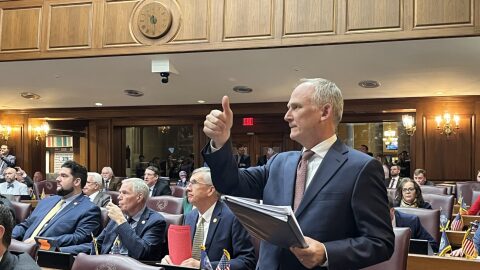 Rep. Craig Snow, R-Winona Lake, signals his “yes” vote on the bill allowing a new Fort Wayne-area casino on Friday, Feb. 27, 2026.