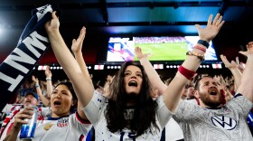 Azra Bajramovic, 31, of Tower Grove East, center, chants “USA” alongside United States Women’s National Team fans on Tuesday, April 11, 2023, during an international friendly against the Republic of Ireland ahead of the 2023 World Cup at CityPark in Downtown West.s