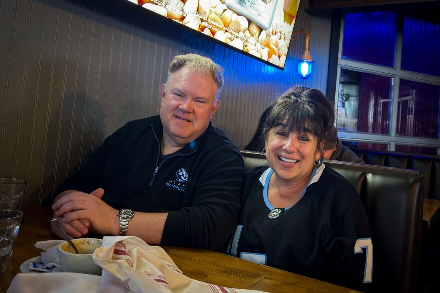 Locals Kurt and Debbie Hultberg watched the Mammoth’s third playoff game at Boneyard Saloon in Park City, April 24, 2026.