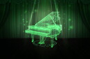 futuristic illustration of a piano being projected on a dark stage in neon green light