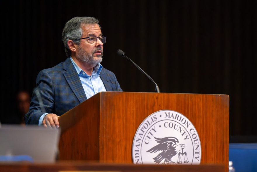 Rabbi Aaron Spiegel, executive director and president of the Greater Indianapolis Multifaith Alliance, addresses the members of the Public Safety and Criminal Justice Committee of the City-County Council about his concerns of confirming the appointment of Andrew Merkley.