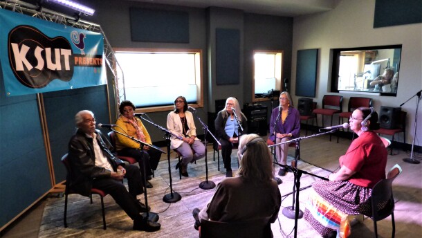 Special guests Eddie Box Jr., and Southern Ute Tribal Council Vice-Chair Ramona Eagle, Lorelei Cloud, Marge Barry, and Linda Baker, joined us for a group interview to talk about KSUT's history with station hosts Tami Graham and Sheila Nanaeto.