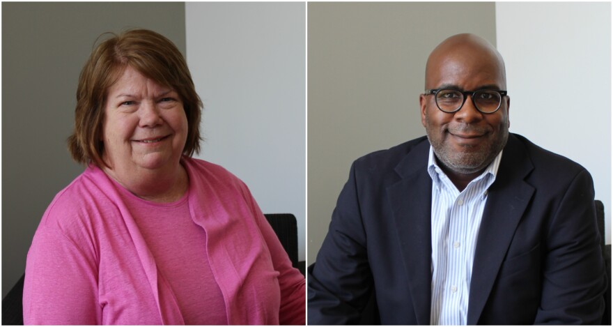 Kate Reese (left) and David Young (right) discussed housing needs in the region and the role the St. Louis Housing Partnership plays in meeting them. Bruce Dorpalen joined the conversation by phone to provide statistics on national housing efforts. 