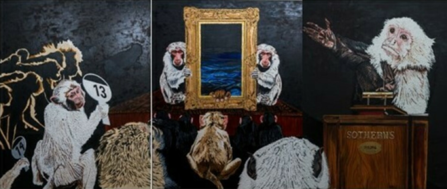 Monkeys attend an auction for a piece of art work which show a body of water with a Black hand gripping the edge of the frame.