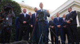 Transportation Secretary Sean Duffy speaks to the media alongside Sean O'Brien, President of the International Brotherhood of Teamsters, from left, Chris Sununu, president & CEO of Airlines for America, Vice President JD Vance and aviation industry representatives, about the impact of the government shutdown on the aviation industry, outside of the West Wing of the White House, Thursday, Oct. 30, 2025, in Washington. 