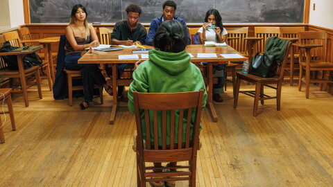 Talia Hsia, Slater Vance, Chin Onwu, and Fabeha Jahra (l-r) review the audition Demi Singleton for Six Degrees of Separation,” October 05, 2026 at the Heritage Production Company at Linsly-Chittenden Hall in New Haven Connecticut.