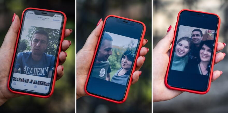 Olha Kerod, the wife of a Ukrainian soldier who was captured by Russian forces in Mariupol, shows pictures of her husband, Stanislav, on her smartphone in Lviv, Ukraine on July 18, 2022.