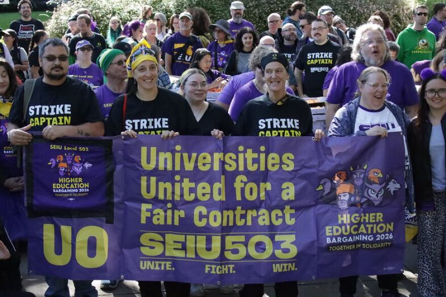 SEIU workers at the University of Oregon in Eugene celebrate reaching a tentative agreement on a new labor contract, Monday, Sept. 28, 2026.