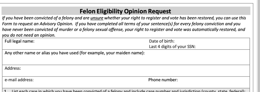 Screenshot of top of form that individuals with felony convictions in Florida can complete and send to the state’s Division of Elections to verify voting eligibility.