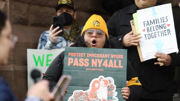 Cassandra Bocanegra, senior manager of organizing and strategy for the finger lakes chapter of the New York Immigration Coalition, gathered with Protesters outside Rochester City Hall Monday evening to show support for Sarah Galvan who's husband and two stepsons who were pulled over by immigration agents on Monday, March 24, 2025, and detained with assistance from Rochester police.