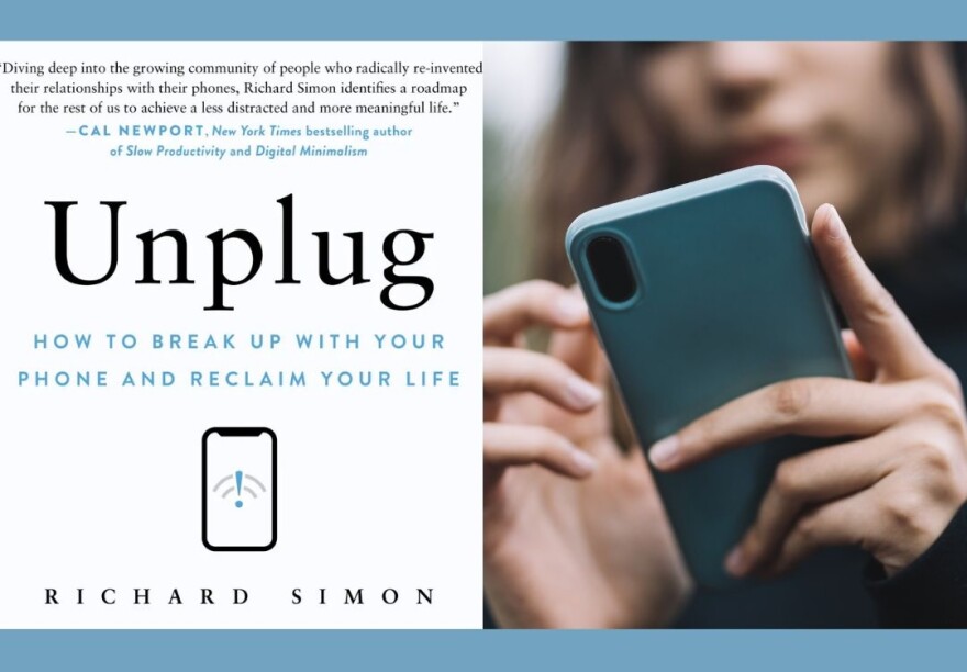 Unplug book cover alongside photo of young woman using her smartphone