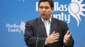 Florida Gov. Ron DeSantis speaks during a news conference at the Pinellas County Emergency Operations Center, Monday, Sept. 26, 2022, in Largo, Fla. DeSantis was updating residents of the path of Hurricane Ian. (AP Photo/Chris O'Meara)