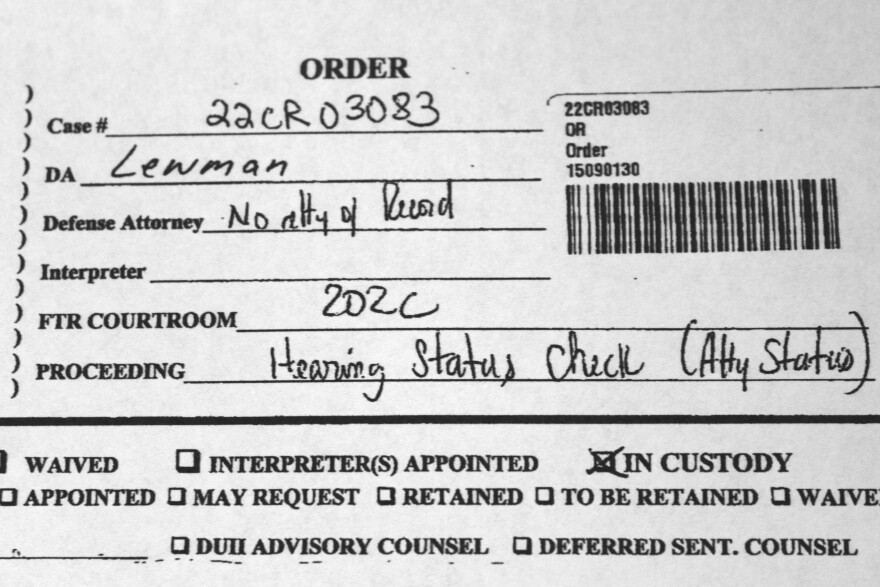FILE - Courtroom notes showing that a Washington County, Oregon, judge threatened to hold Oregon Public Defense Services in contempt of court for not providing a public defender to a criminal defendant are seen in this May 4, 2022, photo. Oregon's chief justice has fired all the members of the Public Defense Services Commission, frustrated that hundreds of defendants charged with crimes and who cannot afford an attorney have been unable to find public defenders to represent them. (AP Photo/Gillian Flaccus, File)
