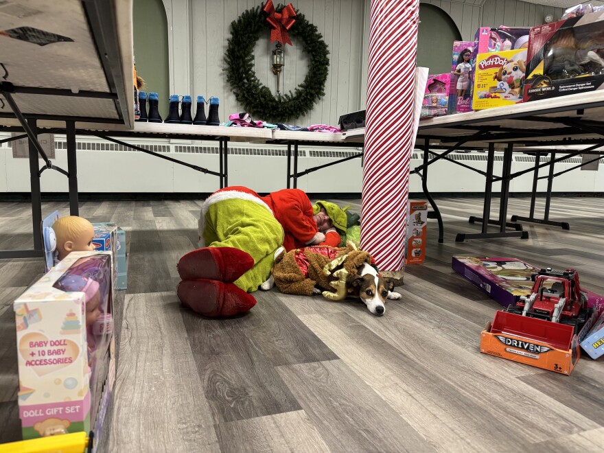 Dressed as the Grinch, Gifts for Kids volunteer Trish Smith takes a short rest between toy pick-up shifts at Our Lady of Mount Carmel Church in Carbondale. 