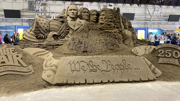A large sand sculpture commemorating the 250th anniversary of the Declaration of Independence inside the Center of Progress building at the New York State Fair.