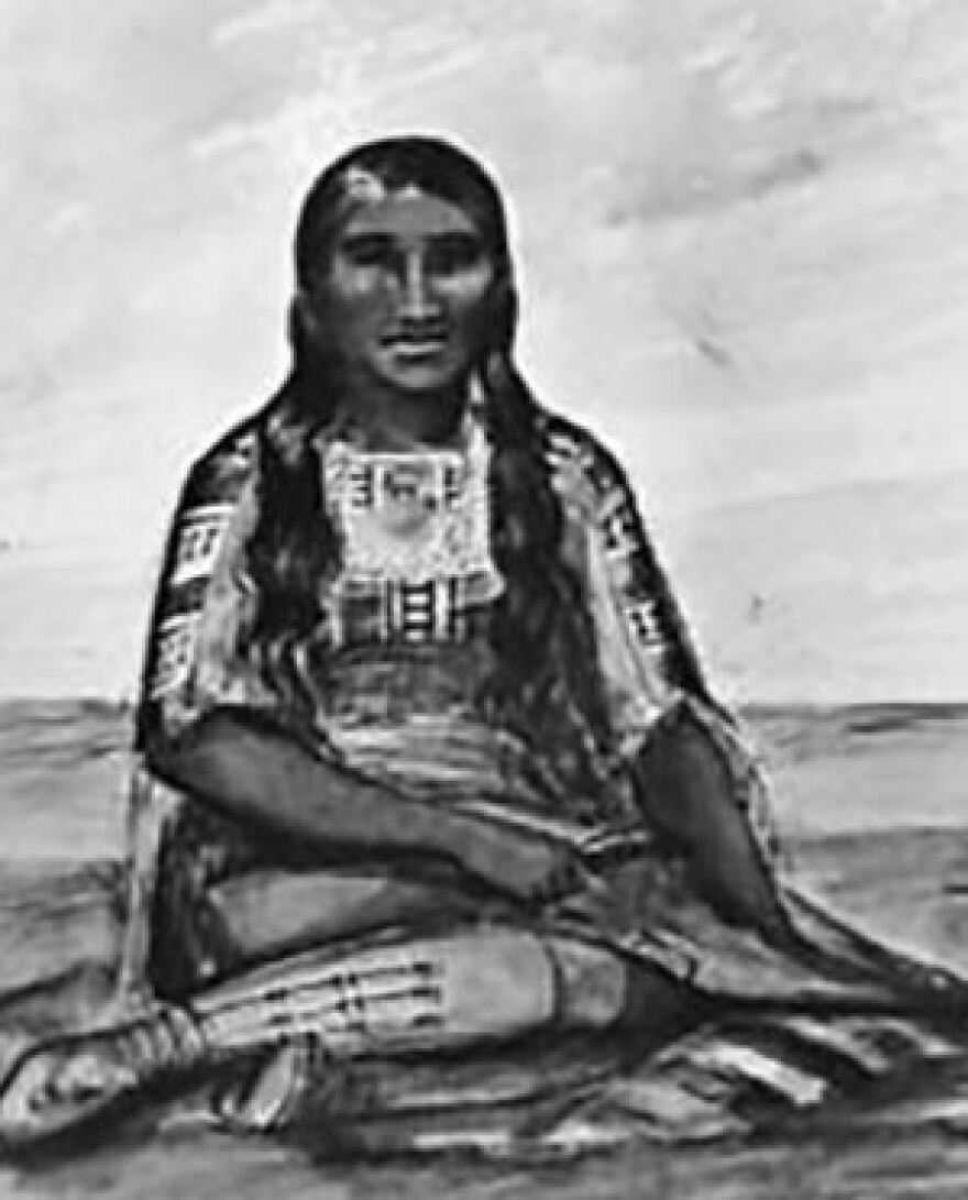 A drawing of Mestaa’ėhehe, an influential 19th century Cheyenne translator known as Owl Woman.