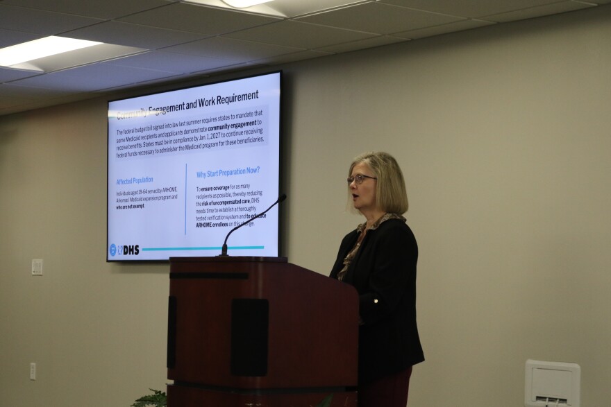 DHS Division of County Operations Director Mary Franklin answers questions about new community and work requirements for Arkansas Medicaid recipients at a town hall in Little Rock.
