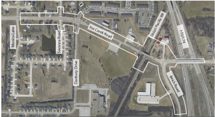 Map showing where the Fox Creek Road project will be. Streets affected are outlined with a white border.