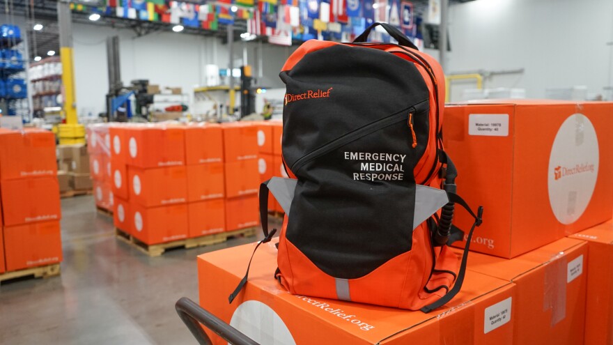 Direct Relief Emergency Medical Backpacks contain essential supplies for mobile medical care, including triage equipment like tourniquets and wound care supplies.