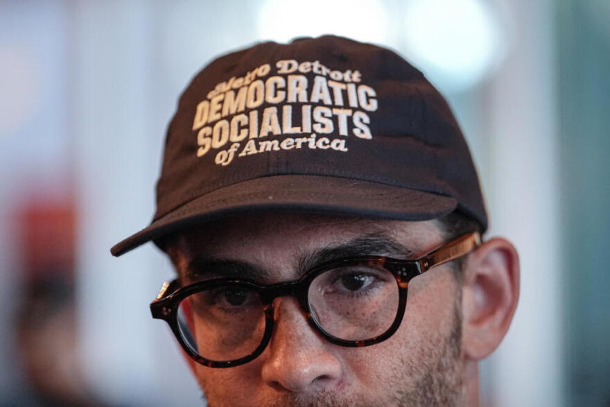 Streamer Hasan Piker canvasses for progressive candidates in a restaurant, ahead of the Michigan Democratic primary, Monday, Aug. 3, 2026, in Detroit. (Julia Demaree Nikhinson/AP)