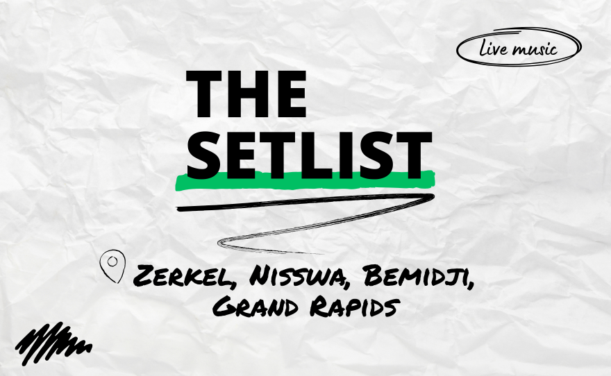 "The Setlist" and "Zerkel, Nisswa, Bemidji, Grand Rapids" written over a crumpled paper background. 