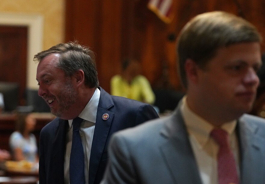 Rep. Jay Jordan, R-Florence, and Assistant Majority Leader Brandon Newton, R-Lancaster, in the House chamber at the South Carolina Statehouse on May 5, 2026.