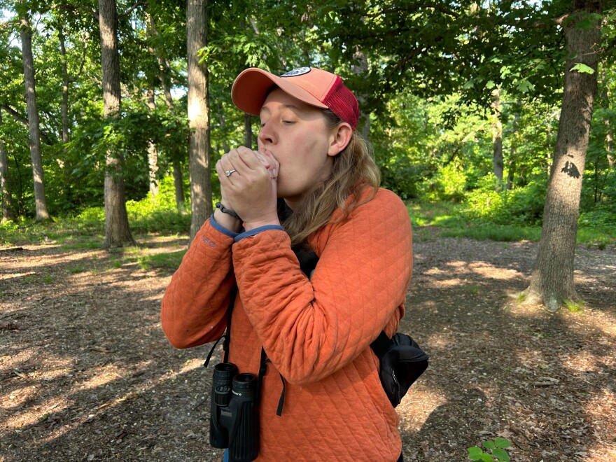 Jo Stiles imitates a loon call through her hands so skillfully that it fools the Merlin bird app into thinking there's a loon nearby.