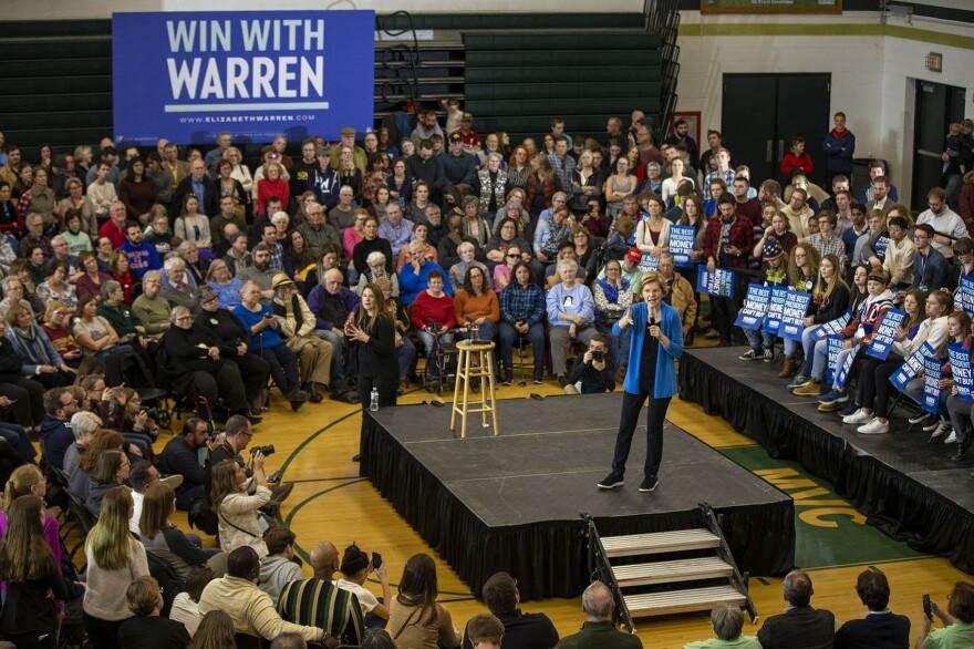 Presidential candidate Elizabeth Warren  speaks to supporters during a campaign event at West High School in Iowa City. (Jesse Costa/WBUR)