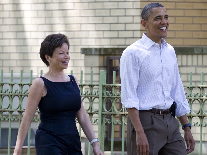 President Obama walks through his Hyde Park neighborhood in Chicago with senior adviser Valerie Jarrett in 2012.