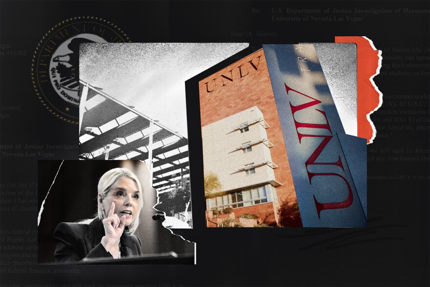 An illustration of Pam Bondi points up to a sign in front of UNLV.