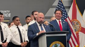 Florida Lt. Gov. Jay Collins and Gov. Ron DeSantis in Hillsborough County on Aug. 13, 2025.