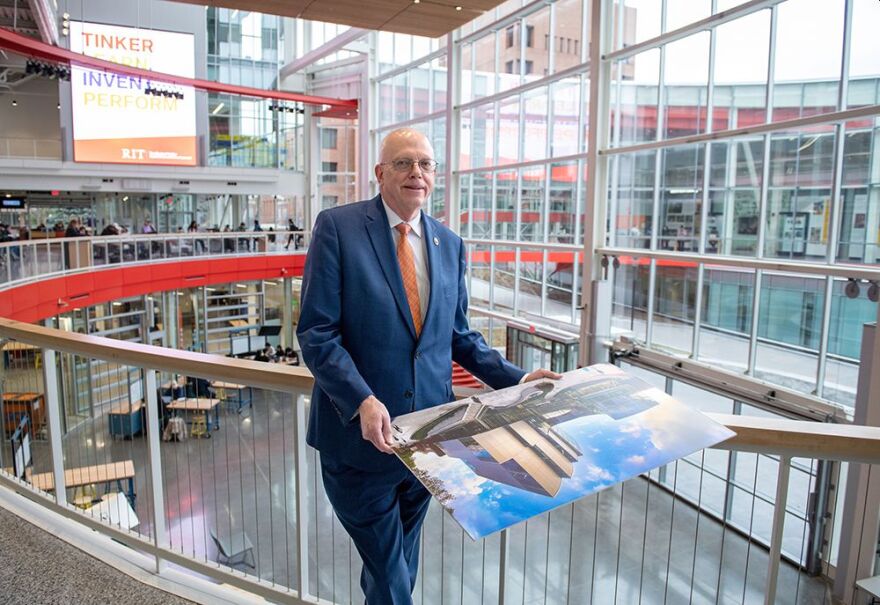 RIT President David Munson stands in the SHED, a multi-use building that opened last fall. Munson proposed the SHED as a place to display student creativity.