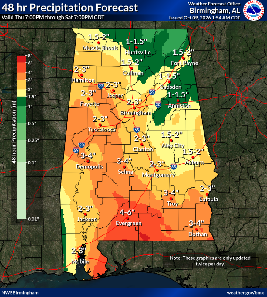 Map of the state of Alabama showing forecast rainfall totals over the next 48 hours.
