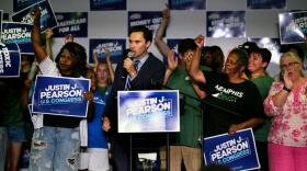American gun control activist David Hogg speaks to supporters for Democratic congressional candidate State Rep. Justin J. Pearson, D-Memphis, at a primary election night party, Thursday, Aug. 6, 2026, in Memphis, Tennessee. (George Walker IV/AP) 