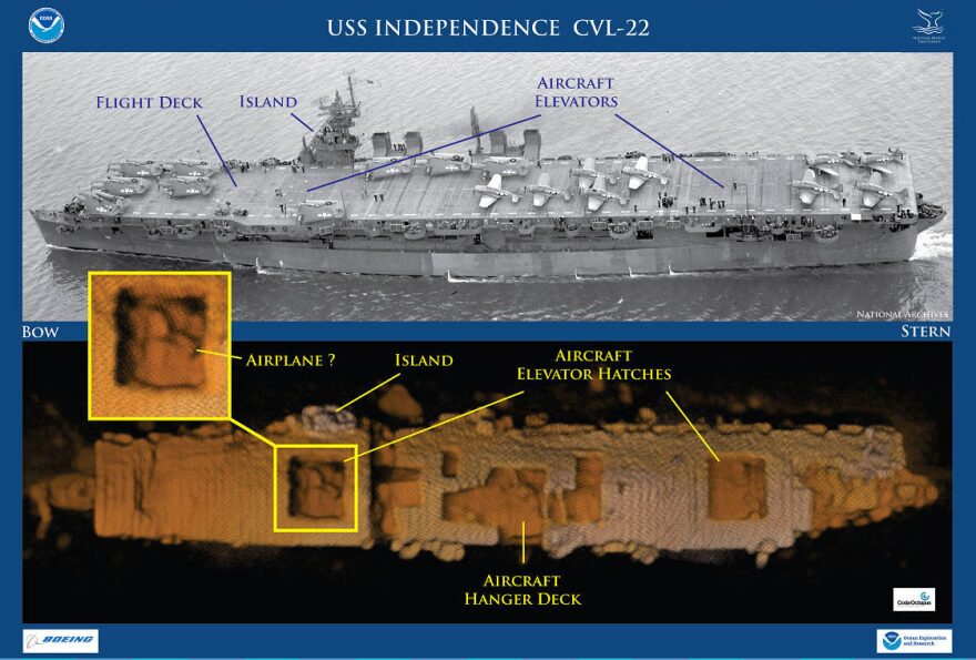 A shape that could be an airplane is seen in a 3D sonar image (lower portion) of the USS Independence released by NOAA, which located the shipwreck in Monterey Bay National Marine Sanctuary. A team located the carrier during a maritime archaeological survey.