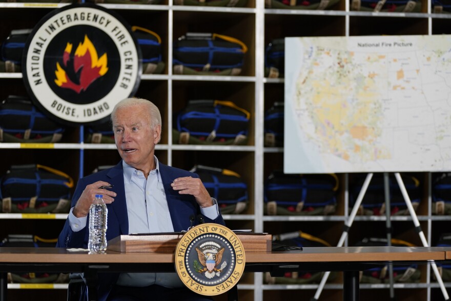 President Joe Biden speaks during a visit to the National Interagency Fire Center, Monday, Sept. 13, 2021, in Boise, Idaho.